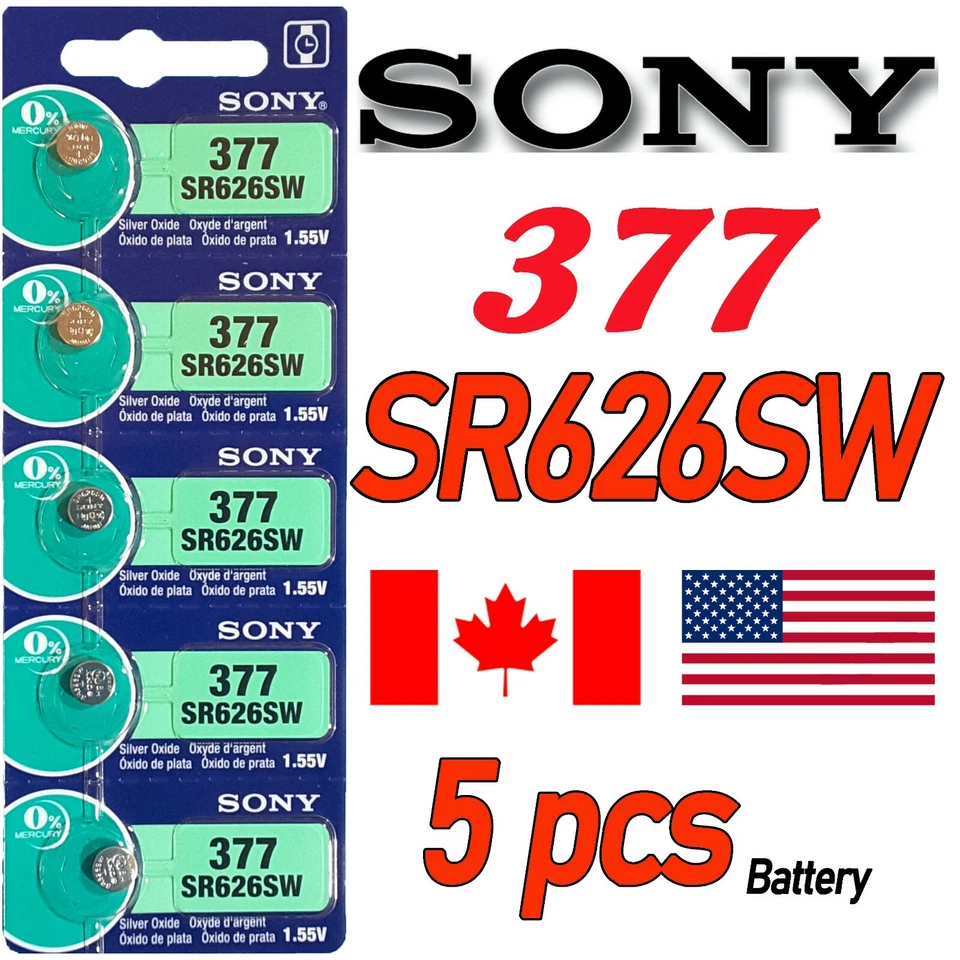 5 pcs SONY 377, SR626SW, 280-39, SR66, LR66, AG4, 1.55V Watch Battery. Exp. 2028 - Image 1 of 1