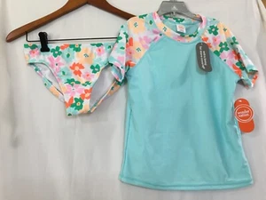 New Wonder Nation Floral Short Sleeve Rash Guard Set 2pc L 10/12 Aqua - Picture 1 of 4