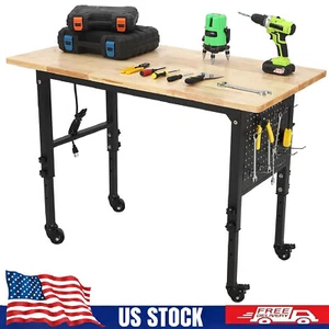 Adjustable Height Workbench 48"x 24",Wood Work Table Garage w/Pegboard & Wheels - Picture 1 of 9