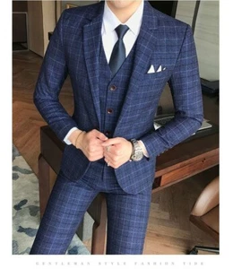 MOGU 3 Piece Slim Fit Navy Plaid Suit Blazer Vest Pants Tuxedo MENS MEDIUM 40 34 - Picture 1 of 9