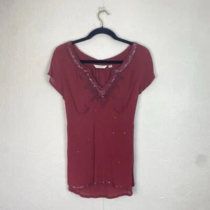 Vintage 90s Next Burgundy Short Sleeved Sequinned Fairycore Top UK Size 16 - Picture 1 of 9