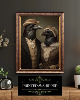 Retrato de casal corvo vitoriano vintage arte pássaro estampa antropomórfica gótica - Imagem 1 de 4