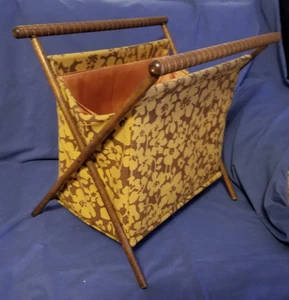 Knitting Sewing fold up wood basket tote carrier vintage Brown/yellow floral - Foto 1 di 4