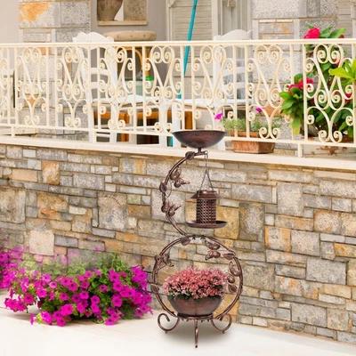 37" 3 en 1 Exterior Metal Pedestal Pájaro Baño Jardín Decoración Alimentador Maceta Bronce Foto 1 de 4