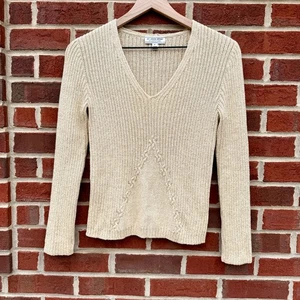 St John Sport by Marie Gray Rib Knit Sweater Size P/S Gold Metallic V-Neck - Bild 1 von 15