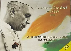 India Rs 125 & Rs 5 Jawahar Lal Nehru PROOF Coins 2014 Original Sealed Mint Pack - Picture 1 of 6