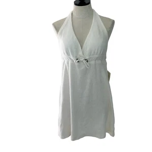 Calispia Dress Womens Size Large White A Line Terry Cloth V Neck Cotton New Mod - Picture 1 of 11