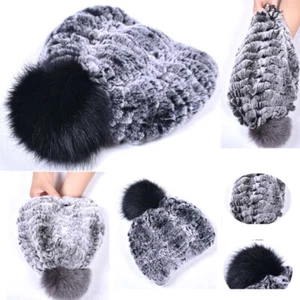 Real Mink Fur Hat Warm Bowler Top Hat Fox Fur Brim Knitted Cap Stretch Beanie - Picture 1 of 19