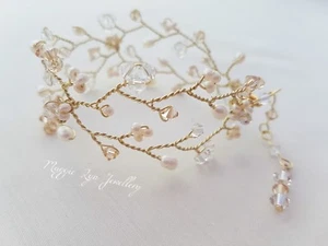 Champagne light gold bridal bracelet crystal Freshwater pearls wedding - Picture 1 of 6