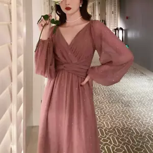 Elegant Party Dress Women Long Sleeve Casual Fairy Midi Dress Evening Dress - Picture 1 of 16