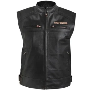 Harley Davidson Men's Motorcycle Passing Link Black Biker Genuine Leather Vest - Picture 1 of 7
