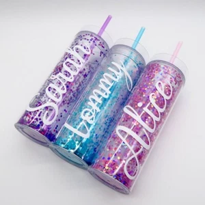 Personalised Glitter Confetti Tumbler Double Wall Mug BPA Free Plastic Drink Cup - Picture 1 of 6