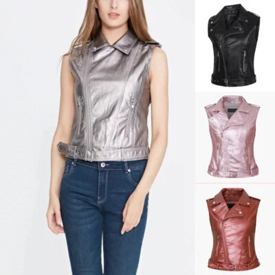 Womens Faux Leather Waistcoat Gilet Biker Jacket Vest Top Blazer Wet-Look — 第 1/4 张图片