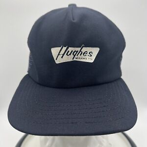 VINTAGE Hughes Market Adult Trucker Hat Ball Cap M-L Blue USA Mesh Snap Back*