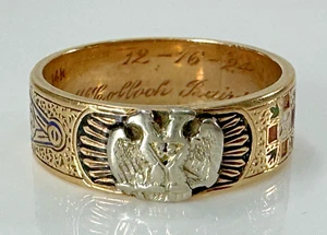 Anello antico oro 14 kt massonico 32° grado rito scozzese smalto aquila misura 11,75 - Foto 1 di 9