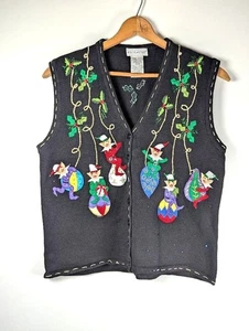 Vintage Ugly Christmas Sweater Vest Size Large Elves Grandma Embroidered Beaded - Picture 1 of 9