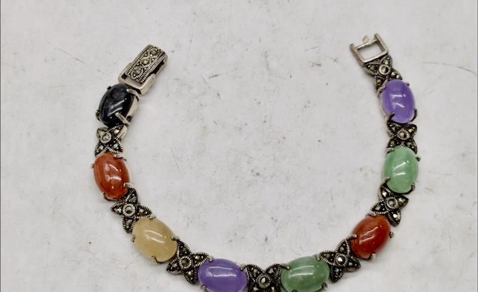 925 “GSJ” MARCASITE MULTI GEMSTONE & W/JADEITE BRACELET 7.75” Lot#53 - Изображение 1 из 4
