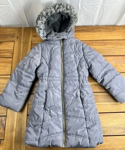 Calvin Klein Sz 5/6 Girls Puffer Jacket Lined with Hood Knee Length Grey Coat - Picture 1 of 7