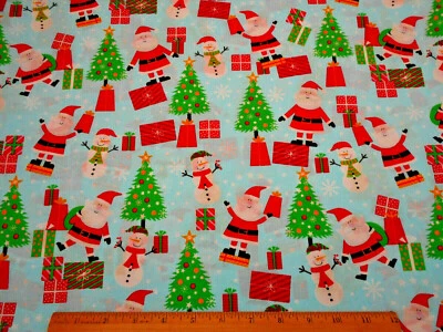 Christmas Fabric By Yard Santa Snowmen Trees Gifts Snow on Lt Blue Cotton #7 #C - Image 1 of 2