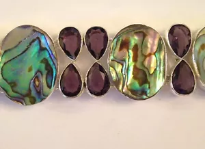 ❤️ABLONE SHELL & AMETHYST GEMSTONE SILVER BRACELET ~ 7-8" ~ SILVER w/ GIFT BOX❤️ - Picture 1 of 5