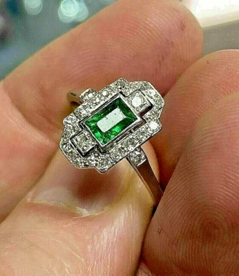 Art Deco Style 2Ct Lab Created Emerald Engagement Wedding 14K White Gold FN Ring - Image 1 of 4