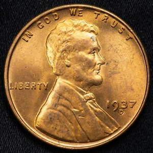 1937-D BU Uncirculated Red Lincoln Wheat Penny Cent - Denver Mint #325 - Picture 1 of 4