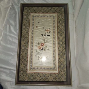 Arazzo Kesi seta cinese floreale vintage ricamo asiatico arte uccellino fiore 18x11 - Foto 1 di 3