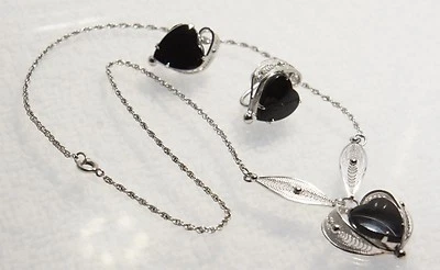 Sorrento Marchio .925 Argento Nero Onice Cuore Collana & Vite Retro Orecchino - Immagine 1 di 4