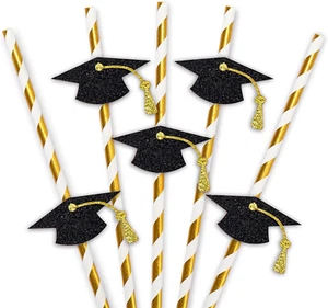 24Pcs Graduation Theme Paper Straws Graduation Cap Disposable Paper Straws Gold - Picture 1 of 7