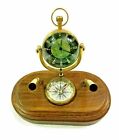 Antique Brass Desk Clock Pen Holder With Wooden Base Collectibles Office Item