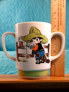Childs Mug Vintage Double Handled Cowboy Mug Childs Porcelain Cup 4" Tall - Picture 1 of 12