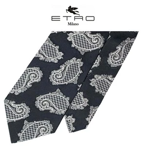 ETRO Milano Black Tie - 2 Tone Silver Paisley Pattern On Black 100% Silk Italy - Picture 1 of 11