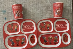 DAN DEE Rudolph RedNosed Reindeer & Friends 2 Divided Plates And 2 Matching Cups - Picture 1 of 8