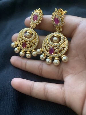 18k on4k gold Ear Cuff Statement Earrings Dangler Chandelier Jhumki Ruby Pearl - Image 1 of 4