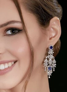 Sterling Silver Chandelier Earrings 925 Blue Square Shape CZ ADASTRA - Picture 1 of 3