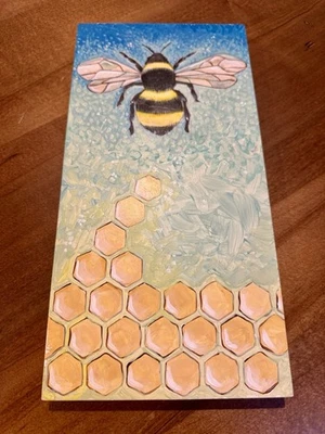 Bumblebee Honey Bee Honecomb original acrylic painting 12” x 6” x 1/2”  outsider - Image 1 of 4