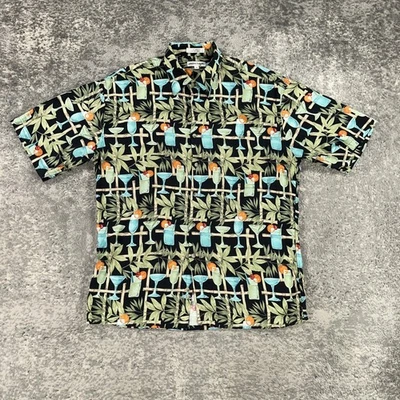 Pierre Cardin Shirt Mens Large Black Hawaiian Aloha Cocktail Camp Button Up Tiki - Image 1 of 4