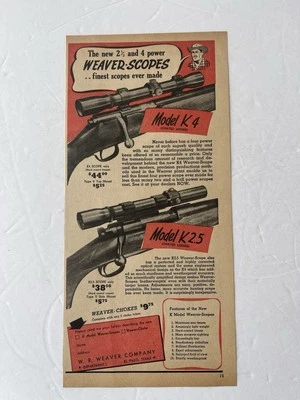 Vintage 1946 Print Ad Weaver Scopes K4 & K2.5 Models Advertisement - Изображение 1 из 2