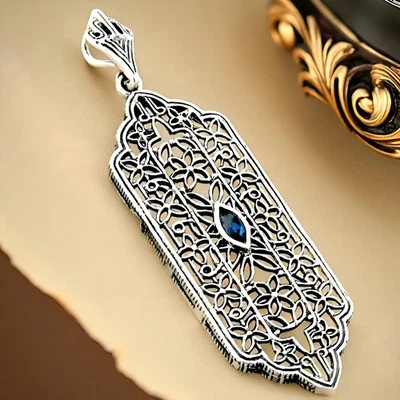 GENUINE LONDON BLUE TOPAZ 925 SOLID STERLING SILVER ANTIQUE STYLE PENDANT   #965 - Image 1 of 2