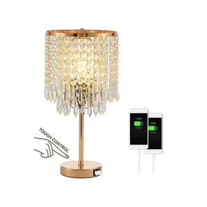 Gold Crystal Table Lamp with 2 USB Ports Chandelier Table Lamp Gold 3-Way Touch - Picture 1 of 7