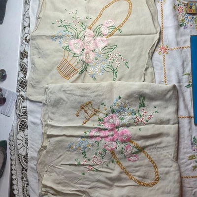 Two 2 Pair Of Vintage Floral Embroidered Cushion Covers 1920’s 1930’s Handmade  - Image 1 of 4