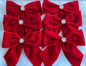 Luxury Deep Red velvet 5" tie on xmas tree bows with diamante snowflake centre - Picture 1 of 5