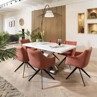 Quatropi 6 Seater Dining Set - White Glass Pedestal Table & Pink Swivel Chairs - Image 1 of 4