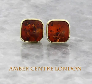 Italian Made Unique German Baltic Amber Square Studs 9ct Gold GS0093 RRP£295!!! - Picture 1 of 6