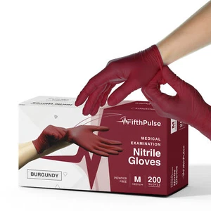 Fifth Pulse Nitrile Exam Latex & Powder Free Gloves - Burgundy - 200 Gloves (M) - Picture 1 of 6
