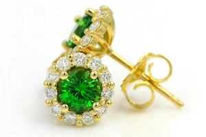 1.02 Carat Natural Diamond & Green Tsavorite Halo Stud Earrings 14K Yellow Gold - Picture 1 of 6