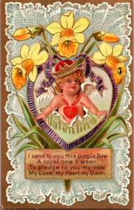 Postal vintage de los amantes de San Valentín corazón Cupido coronado rey amor retrato reina - Imagen 1 de 2