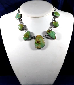 NAVAJO WWS/VY STERLING Green TURQUOISE HANDMADE Vintage 7 PENDANTS NECKLACE - Picture 1 of 7