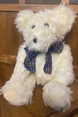 Vintage 1997 KIKY Toys Teddy Bear Soft Cream Color Hair Blue Bow 15” - Image 1 of 3