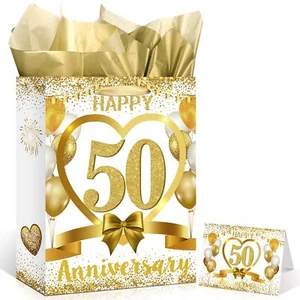 White Gold Happy 50th Anniversary Paper Gift Bag with Tissue Papers and Card ... - Picture 1 of 7